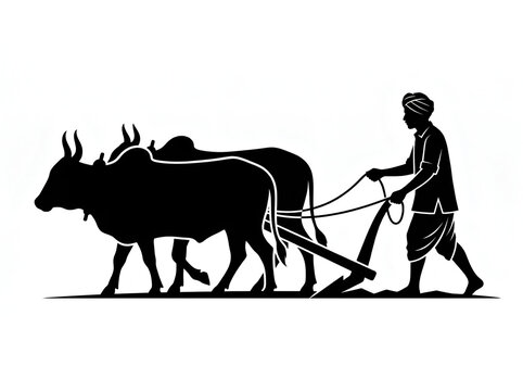 indian farmer plowing field with oxen traditional agriculture silhouette vector illustration