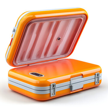 Bright orange hard shell case open lid glossy plastic modern product design concept Images