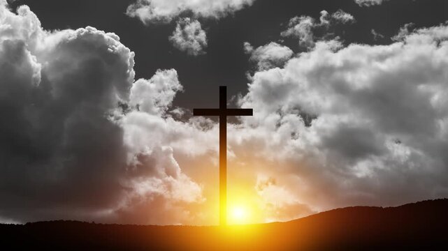 Christian cross on hill outdoors at sunrise. Resurrection of Jesus. Spiritual hope and resurrection concept, Good Friday, Easter.