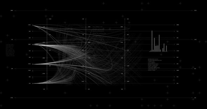 Intricate data visualization UI representing neural mapping or scientific analysis. Clean white lines on black for easy screen compositing.