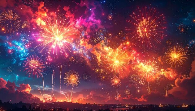 Vibrant multicolored fireworks exploding in the night sky