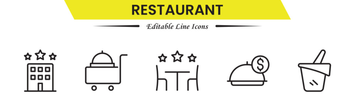 Restaurant icons depicting dining, food, menu, chef, kitchen, service, table, reservation, cuisine, cooking, and hospitality.