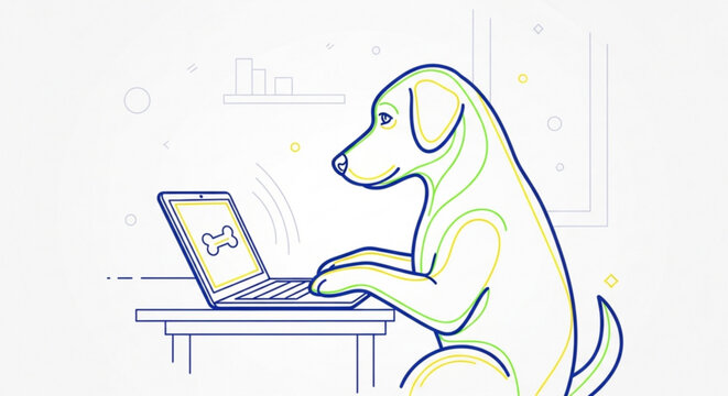 A dog sitting at a desk working on a laptop computer with a bone on the screen