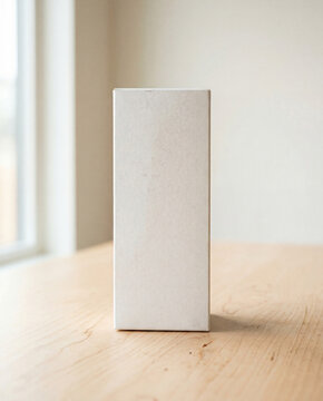 Simple upright rectangular block on wood, ideal for brand presentation or design mockup