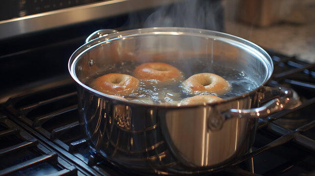Freshly made bread products boil in a large pot on a gas stove, steam rises from the hot water, a crucial step in traditional bread preparation