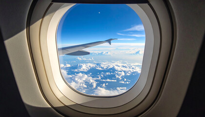 Naklejka premium View Through Airplane Window Over Clouds and Wing