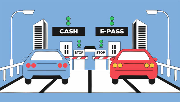 Highway Toll Plaza with Cash and E-Pass Lanes for Traffic Control.eps