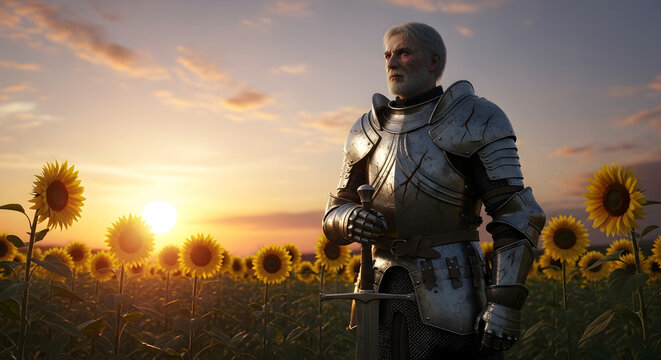 Knight in shining armor standing in a sunflower field during a golden sunset hour