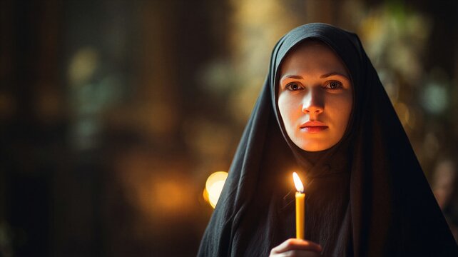 Young woman nun wearing traditional black habit holding burning wax candle in dark orthodox church. Religious prayer and meditation during Easter holiday. Spiritual peace and devotion reflection.