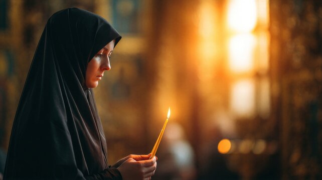 Woman in headscarf praying with burning candle in church. Religious lady at Easter service. Spiritual devotion, faith and orthodox tradition in golden light of prayer. Human piety.