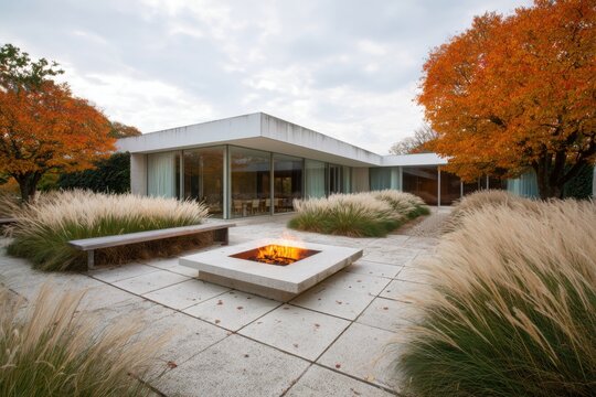 Modern house with a fire pit in a garden during autumn near a tree with orange leaves and grass under a cloudy sky in the afternoon