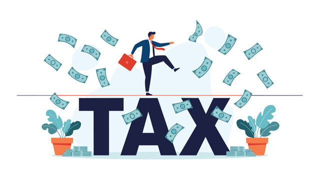 Brave businessman walking on tightrope above giant word tax while money falls around him for financial balance concept.