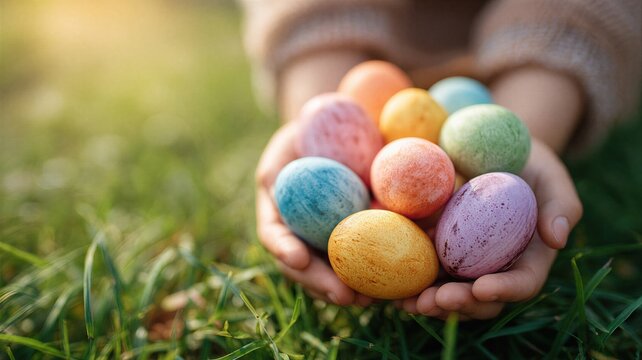 Child holding colorful Easter eggs in hand outdoors on green grass. Traditional spring holiday celebration. Kid collecting painted decorative egg for hunt in garden during sunlight.