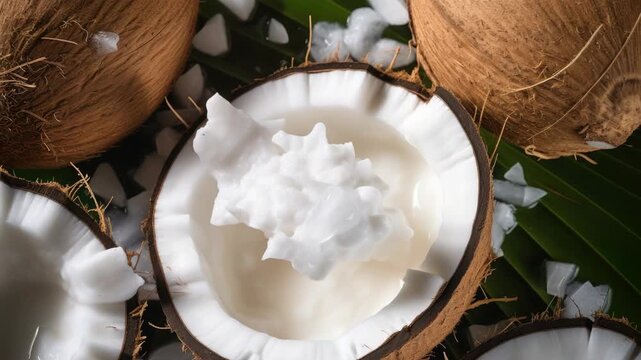 The features open coconut shells revealing the white meat inside, set against a blurred background that emphasizes their natural texture and color.