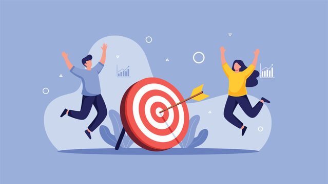 Happy business team jumping for joy after hitting a target bullseye to celebrate their professional victory and success.