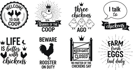 Funny chicken farm vector quotes set featuring rooster coop signs, farm fresh eggs labels, and poultry illustrations for farmhouse decor. © Mehedi