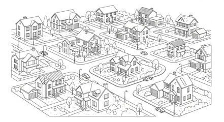 Obraz premium Detailed architectural illustration of a residential neighborhood with various houses and streets.