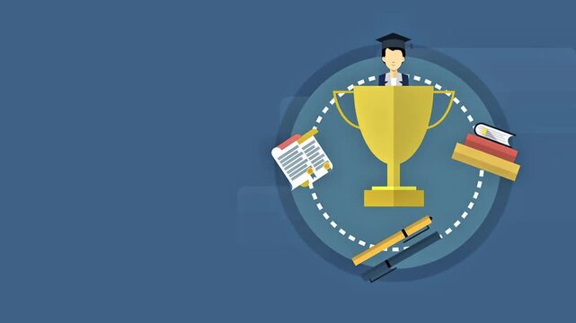 Flat design animation a gold trophy cup with a graduate student and books symbolizing academic excellence and career success.
