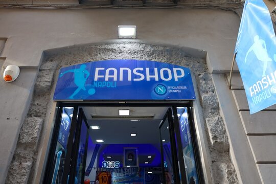 Naples, Italy - 5. March 2026: Napoli fan shop entrance displaying club merchandise and branding