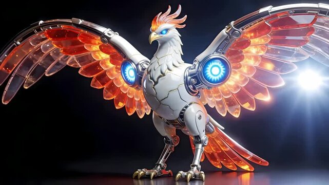 AI Energy Core Concept Stationary 3D Mechanical Phoenix in Kintsugi White Porcelain with Pulsing Blue Turbines, Professional VFX Isolated Asset, 4K Stable Render on Black