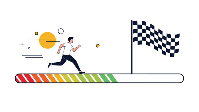 Man running on a colorful progress bar towards a checkered finish line flag symbolizing goal achievement and athletic success.