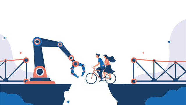 Advanced robotic arm assisting a couple on a bicycle to cross a gap by placing a metal bridge section for safe travel passage.