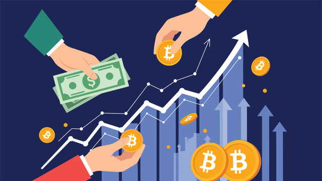 Multiple hands trading physical dollar banknotes for digital bitcoin coins against a backdrop of rising financial bar charts and growth arrows.