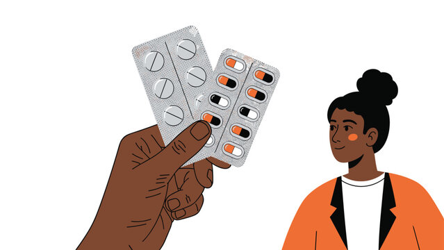 Doctor or pharmacist hand holding packs of medicine capsules and pills for a patient to ensure proper healthcare and medication treatment.