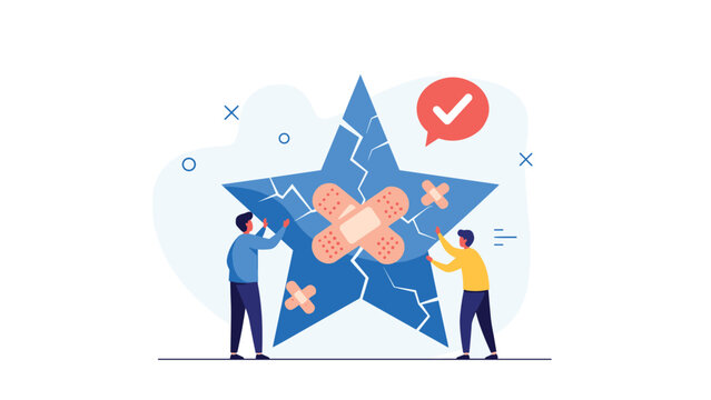 Supportive team members working together to fix a broken blue star with bandages to represent project recovery and quality assurance success.
