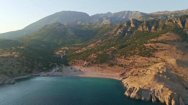 Aerial View of Pachia Ammos Beach at Sunset Samothraki Greece