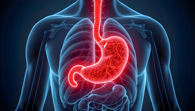 Hiatal Hernia Concept, Stomach Partially Moving Into Chest with Glowing Stress, Digestive System Medical Illustration, Realistic Anatomy 8K No Face Poster