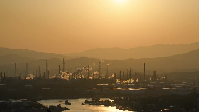 Ulsan Industrial Skyline Sunset Timelapse. Oil Refineries, Petrochemical Plants and Taehwa River at Sunset