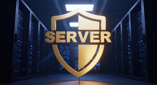 Secure server logo with shield and tower icon