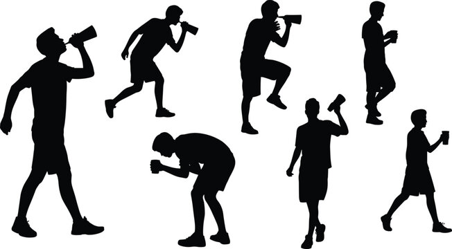 Collection of male athlete silhouettes drinking water from bottles while running, walking, and resting during a fitness workout or marathon.