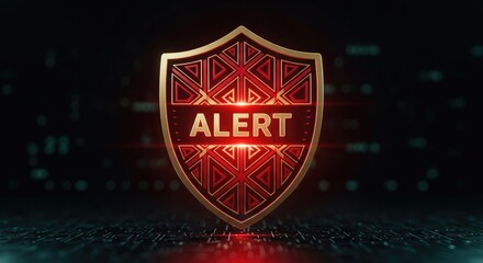 Fototapeta premium A red shield with gold trim and intricate designs displays the word alert in a bold eye catching warning symbol