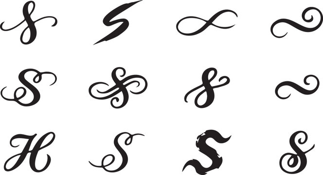 Elegant Calligraphic Letter S and Swirl Ornaments Set.
