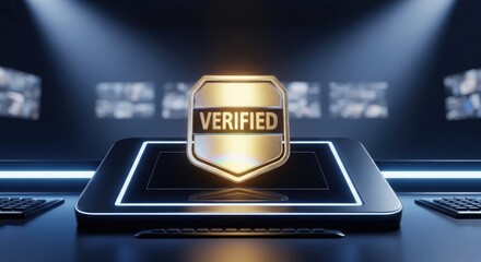 Fototapeta premium A verified badge on a tablet with a futuristic background and spotlight