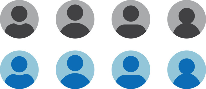 Collection of generic user profile icons in various color palettes, including grey, blue, and dark gray, ideal for avatar placeholders on websites and applications.