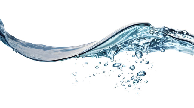 High-key cross-section of flowing blue water with suspended bubbles against a white background