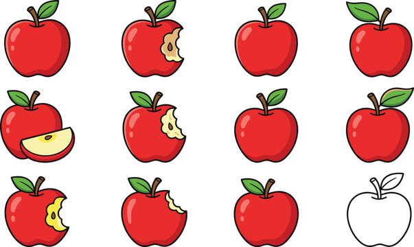 Cute Red Apple Set with Bite Marks, Sliced Apple, and Fresh Fruit Illustrations for Healthy Lifestyle Design