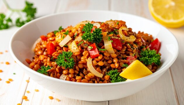 Lentil salad with pepper- 200 g red lentils, cooked and chilled- 1 large red pepper, diced 1 small red onion, diced- 2 tablespoons extra virgin olive oil- Juice of 1 lemon- 2 tablespoons fresh parsley