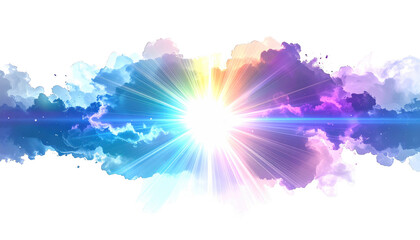 Naklejka premium A vibrant explosion of colorful clouds and light rays emanates from a radiant sunburst against a clean white background