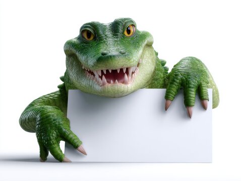 Green crocodile baring teeth while holding blank sign in studio