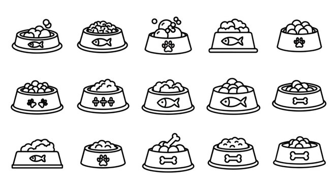 Variety of pet food bowls with different types of food and icons