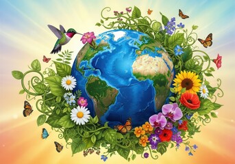 Obraz premium A colorful of the earth surrounded by flowers and butterflies with a hummingbird flying overhead in a sunny sky with sunbeams
