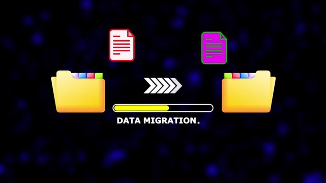 Data migration progress bar with files and folders transferring via cloud data transfer digital 4k video.