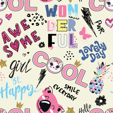 Girls seamless pattern with calligraphic slogan, hearts, words  . background for texylie, graphic tees, kids wear. Wallpaper for teenager girls. Fashion style