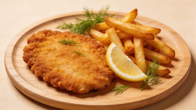 Breaded cutlet with fries and lemon