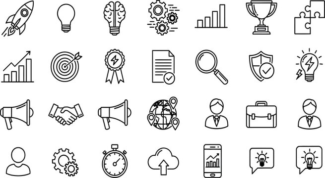 A collection of 20 black and white line icons representing business finance and marketing concepts