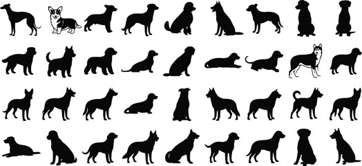Large collection of black dog silhouettes featuring various breeds like corgi husky and retriever isolated on a plain white background. © Mehedi